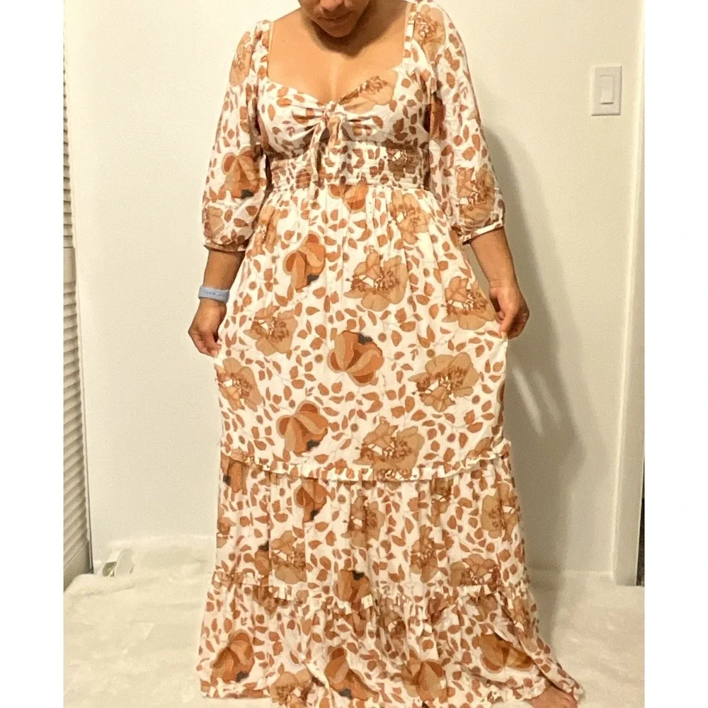 Anthropologie Tiered Floral Maxi Dress Size S Fits Like M Brown And White - Picture 9 of 9